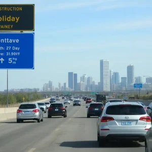 Highway scene during July 4th holiday travel with construction signs
