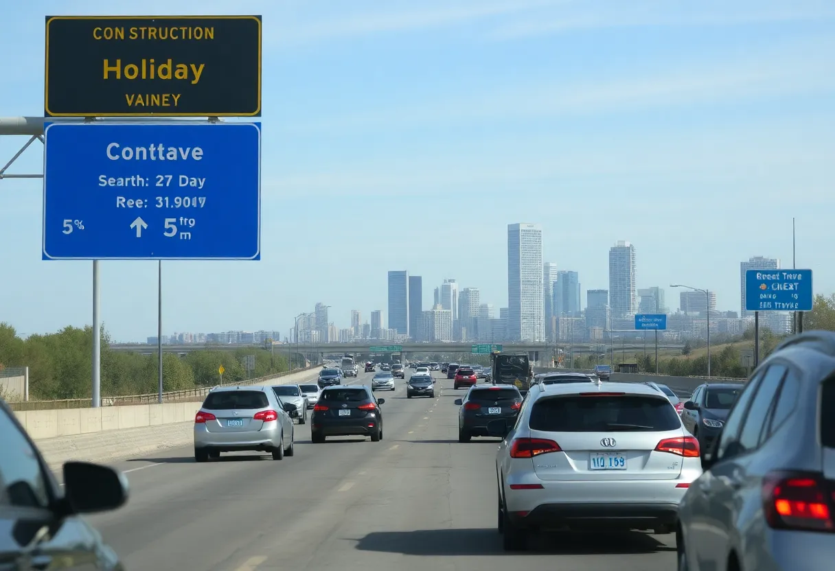 Highway scene during July 4th holiday travel with construction signs