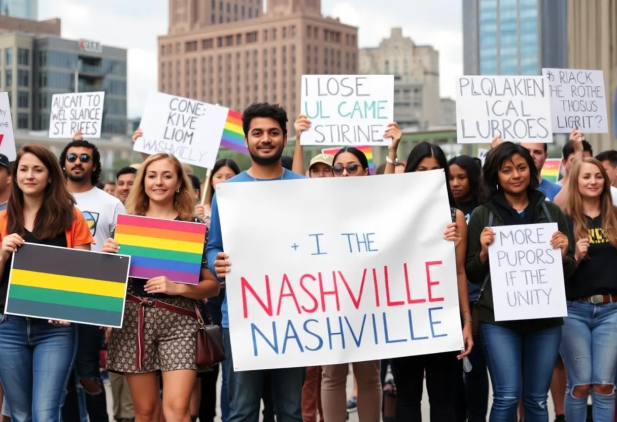 A group of LGBTQ+ supporters holding signs advocating for rights and safety in Nashville.