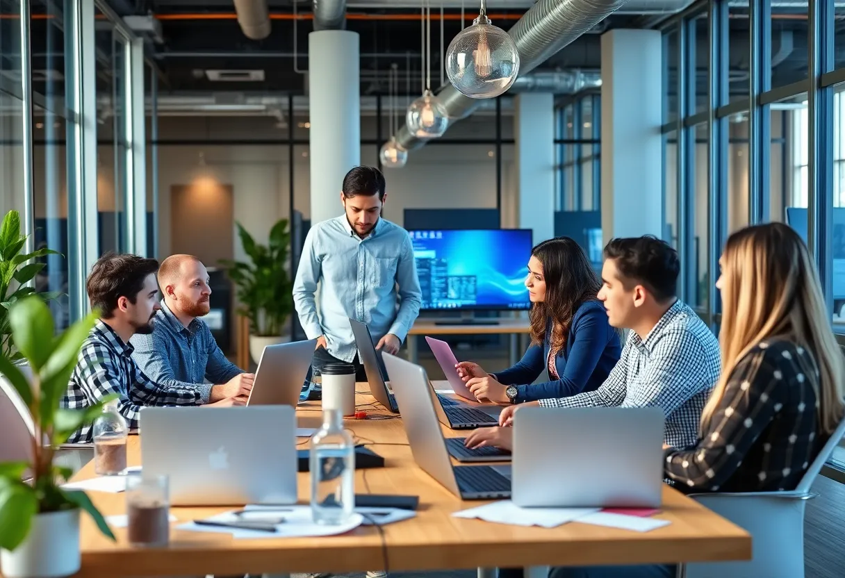 Team of developers collaborating in a modern office in Nashville.