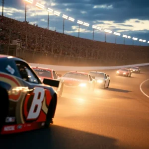 NASCAR cars racing at Nashville Superspeedway during Cracker Barrel 400