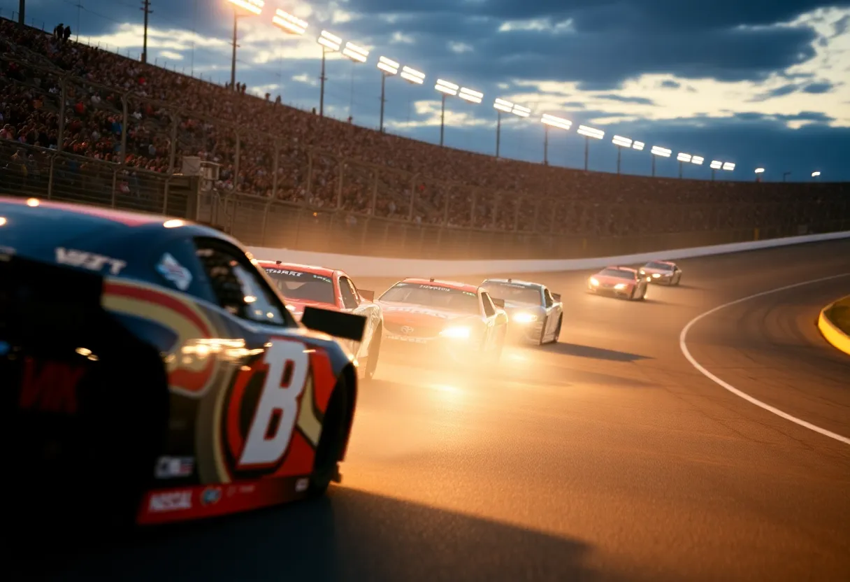 NASCAR cars racing at Nashville Superspeedway during Cracker Barrel 400