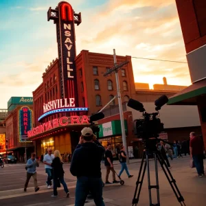 A scenic view of Nashville with film production equipment set up.