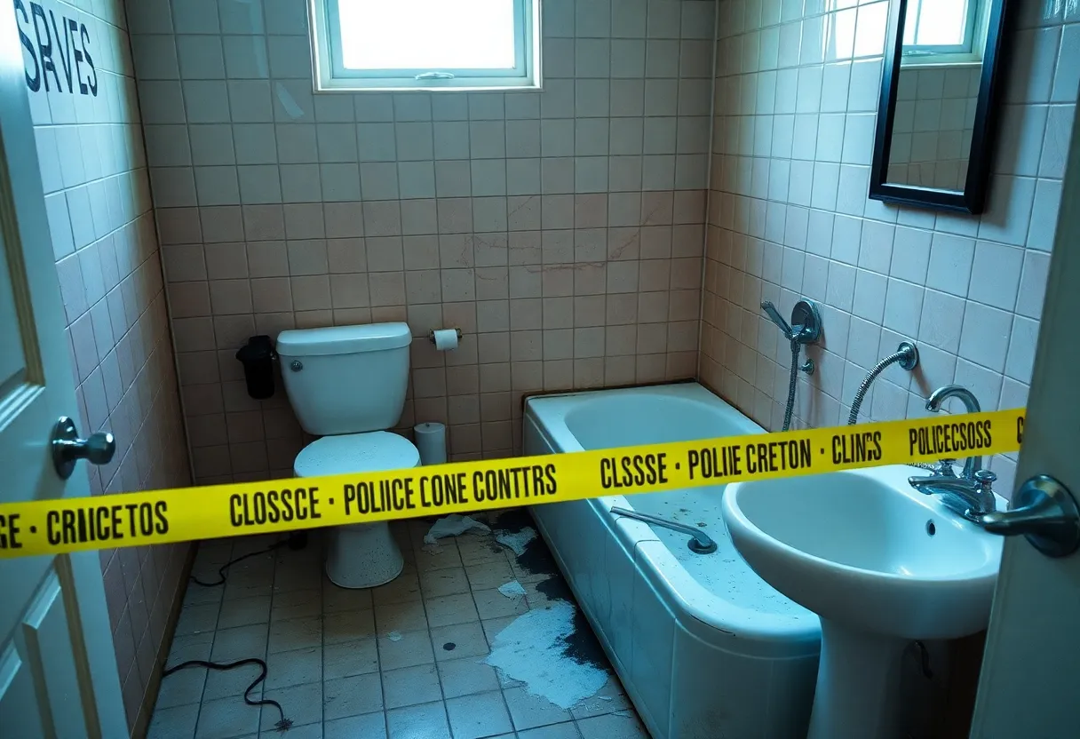 Crime scene at motel bathroom with police tape.