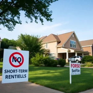 Suburban neighborhood with a sign against short-term rentals