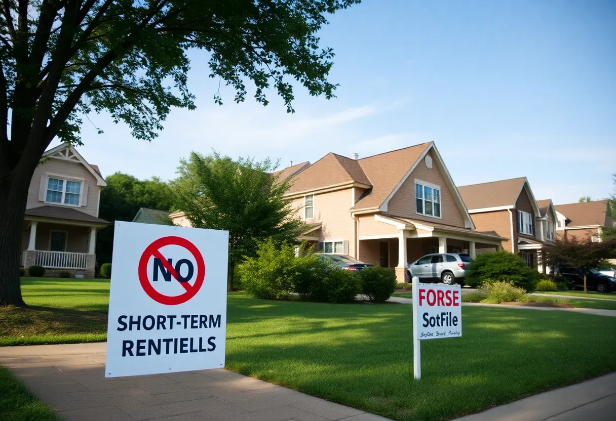 Suburban neighborhood with a sign against short-term rentals