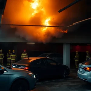 Fire scene in Nashville parking garage with smoke and emergency response