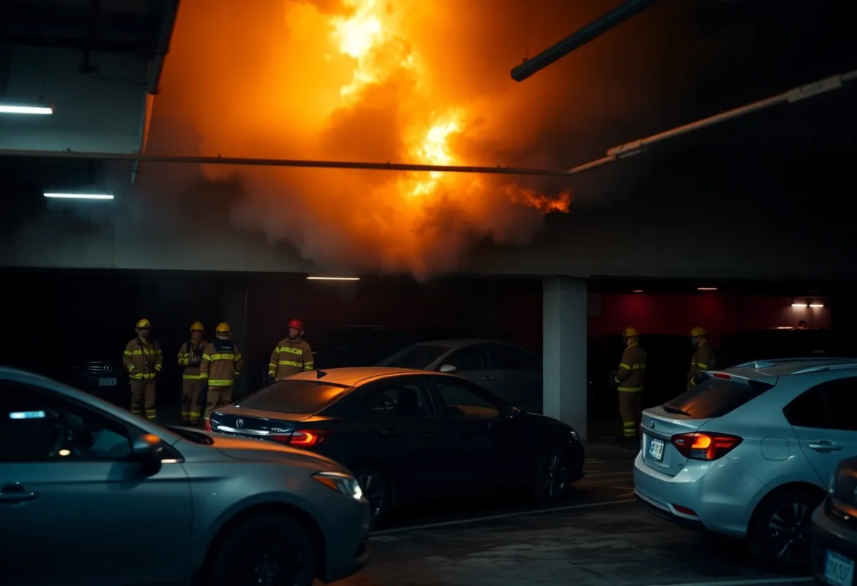 Fire damage at Nashville parking garage with collapsed ramp.