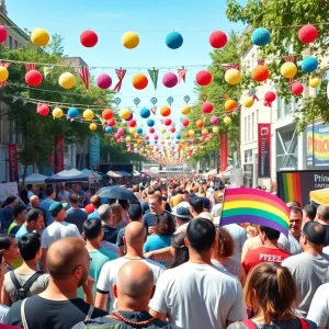 Crowd at the Nashville Pride Festival celebrating with colorful decorations