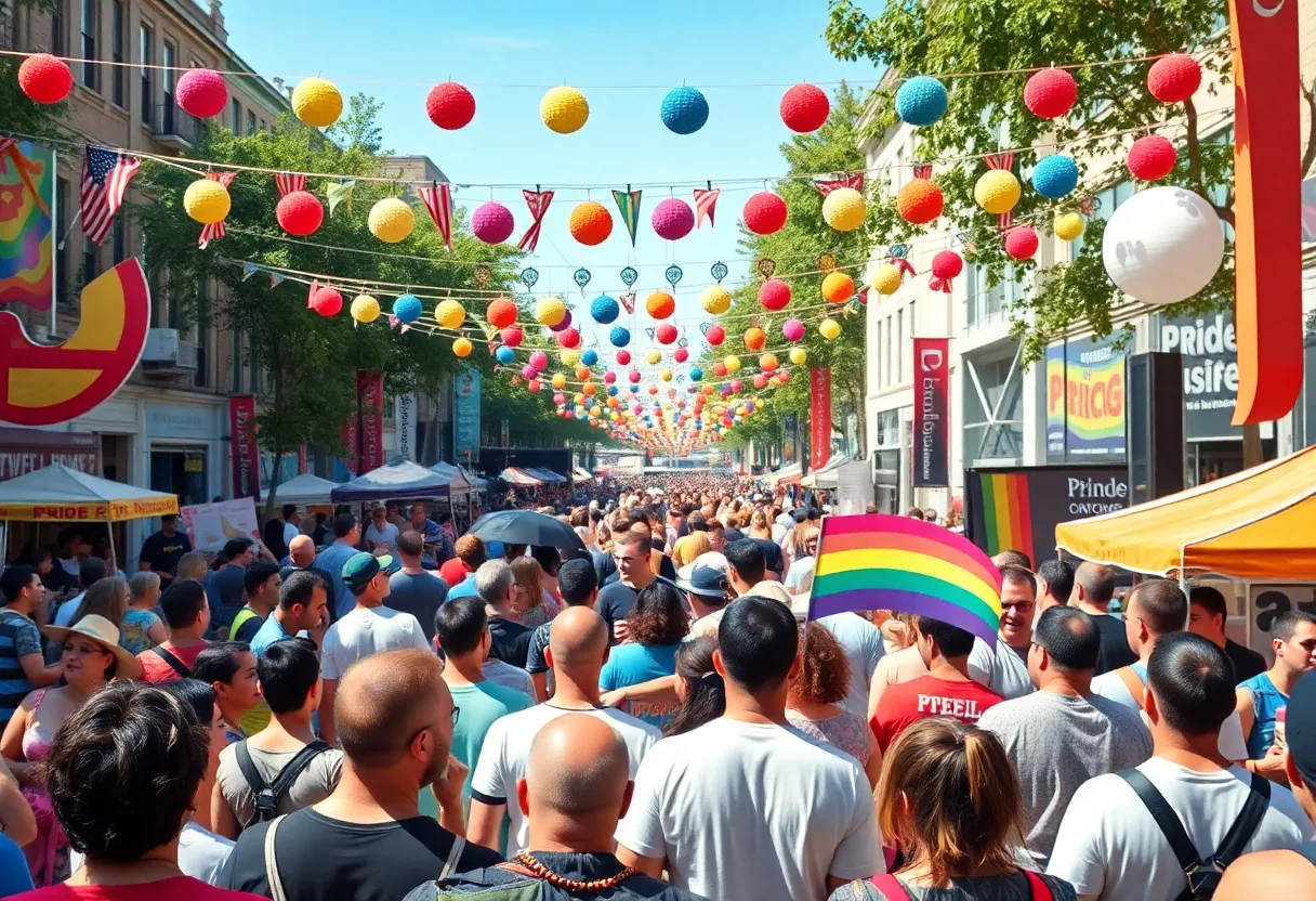 Crowd at the Nashville Pride Festival celebrating with colorful decorations