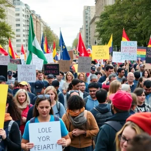 Crowd of diverse protesters at No Kings Day event