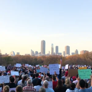 Participants at the No Kings protest in Nashville holding banners and signs.