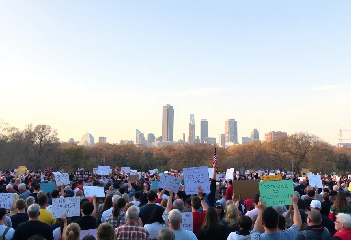 Participants at the No Kings protest in Nashville holding banners and signs.