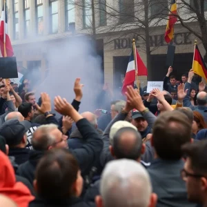 A chaotic scene from a public demonstration opposing hate crimes