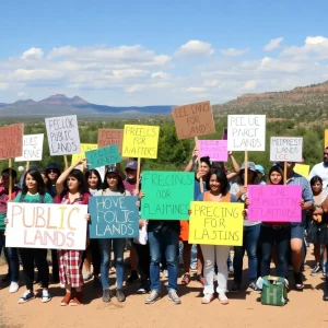 Demonstrators holding signs supporting public land preservation