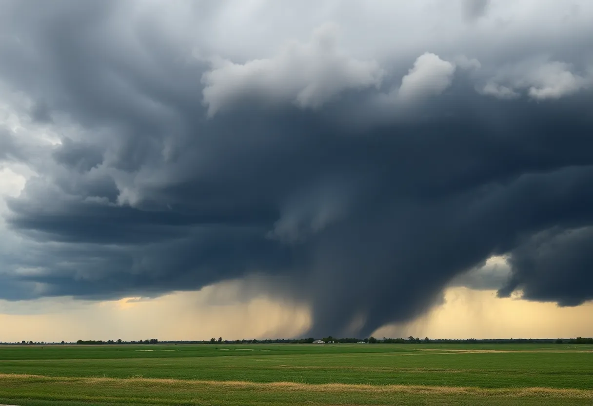 Dark storm clouds and tornado over Midwest landscape