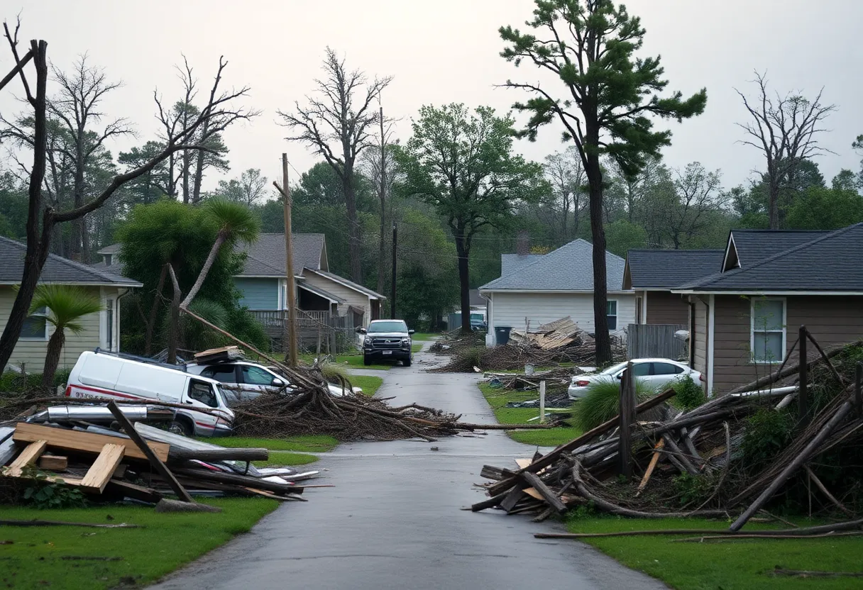 Severe storm damage with debris and destroyed homes