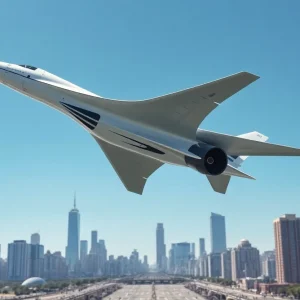 Futuristic supersonic airplane soaring in the sky