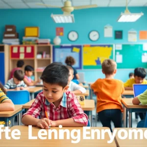 Classroom with students participating in physical and learning activities