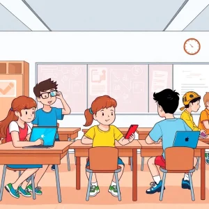 Illustration depicting students participating in a safe and healthy classroom environment.