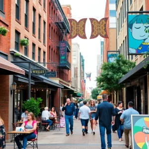 A lively street in The Gulch neighborhood of Nashville with restaurants and shops