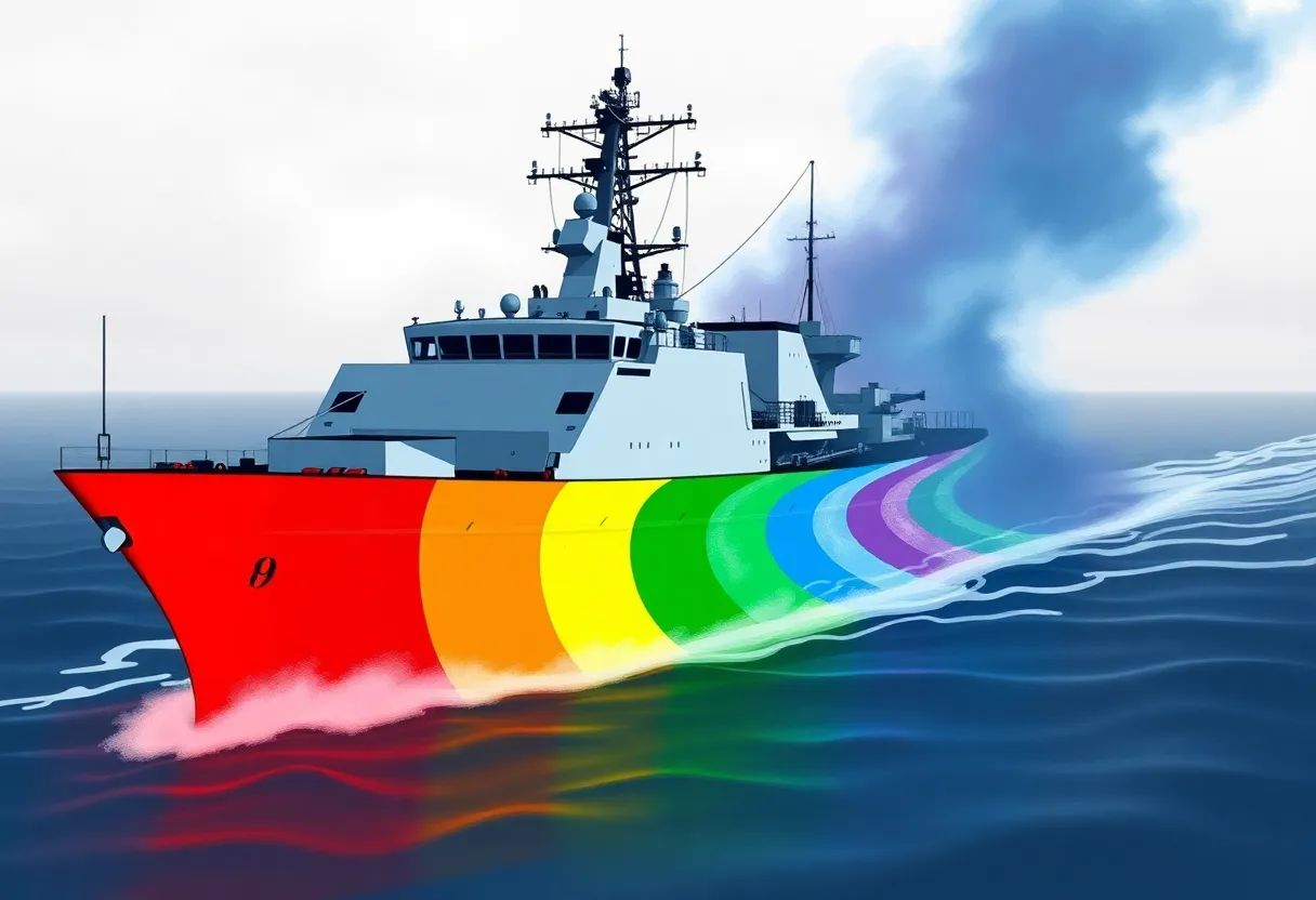A military ship, symbolic of the USNS Harvey Milk, representing pride and diversity.