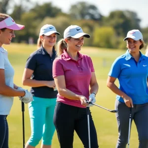 A group of female golfers practicing on the course.