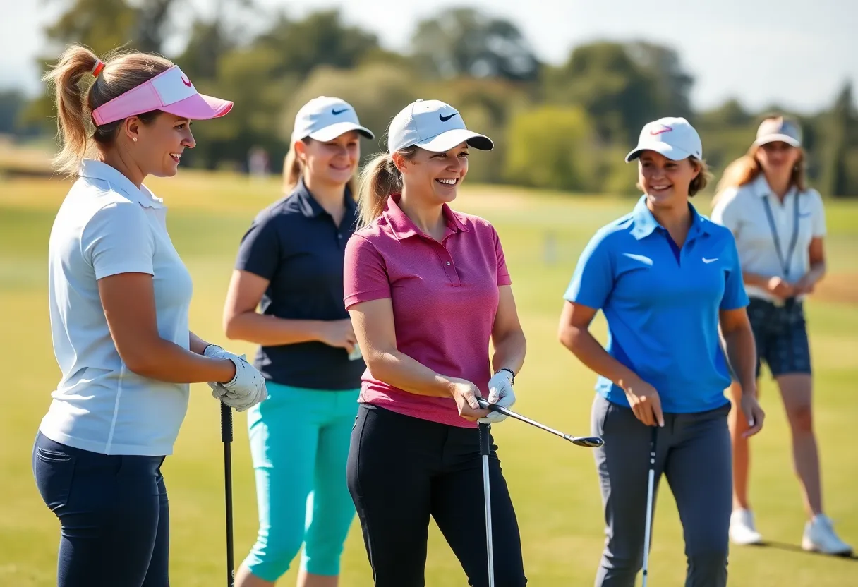 A group of female golfers practicing on the course.