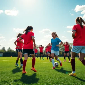 Female soccer players practicing on a sunny field