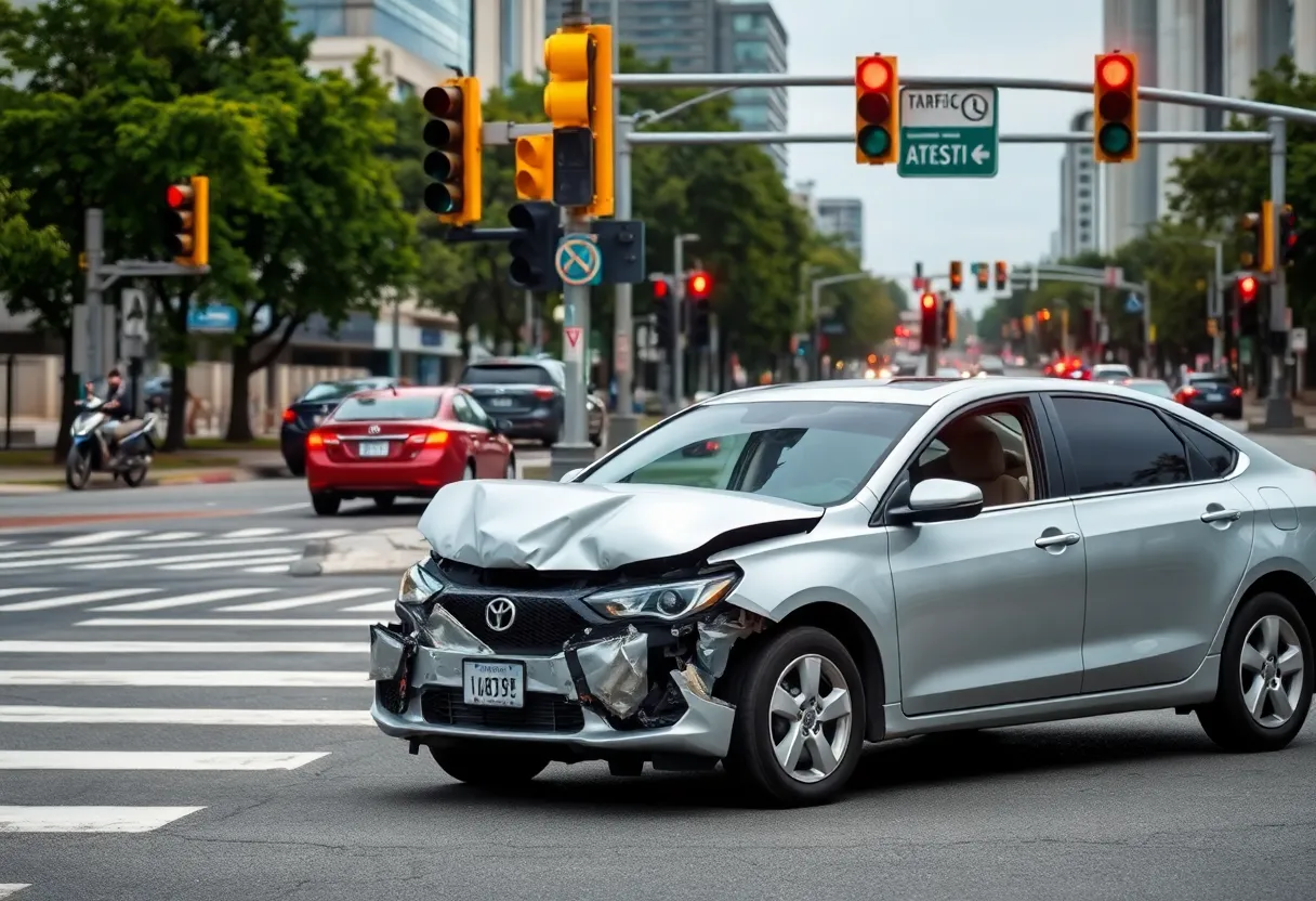 Scene of a car accident in Watertown with damaged vehicles and traffic signals.