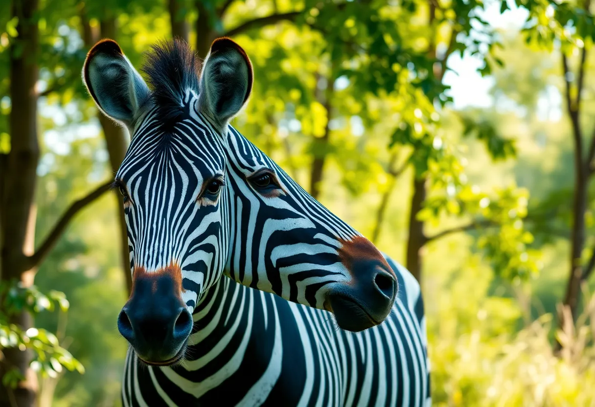 A zebra standing amidst trees in a forest.
