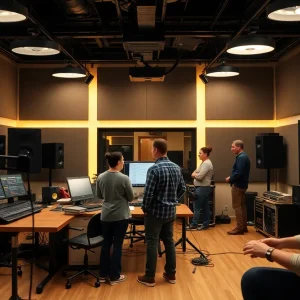 Interior of 3G Productions' new Nashville facility with employees and equipment.