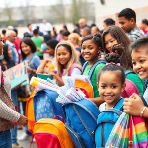 Families receiving school supplies and backpacks at a Nashville community event.