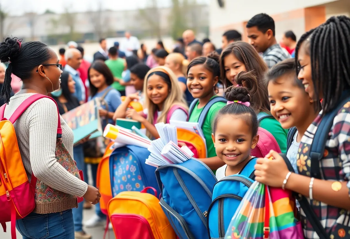 Families receiving school supplies and backpacks at a Nashville community event.