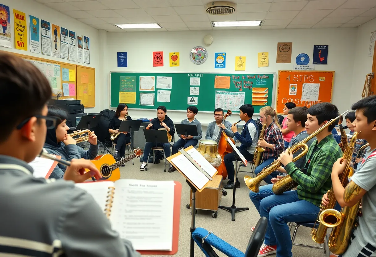 Students practicing in a band rehearsal at J.T. Moore Middle School