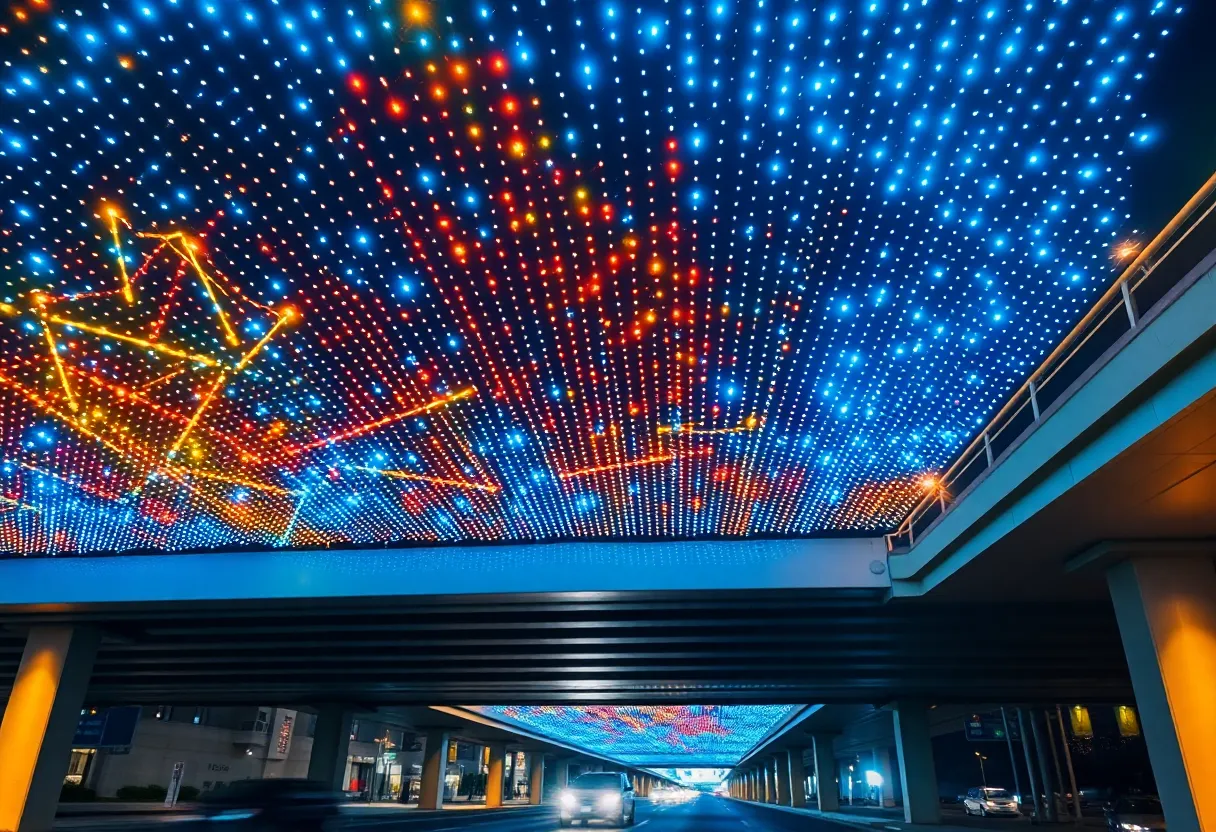 Art installation with illuminated LED canopy under a highway