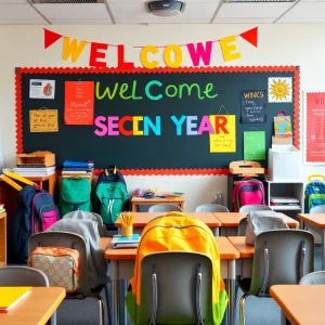 Bright classroom prepared for students with supplies