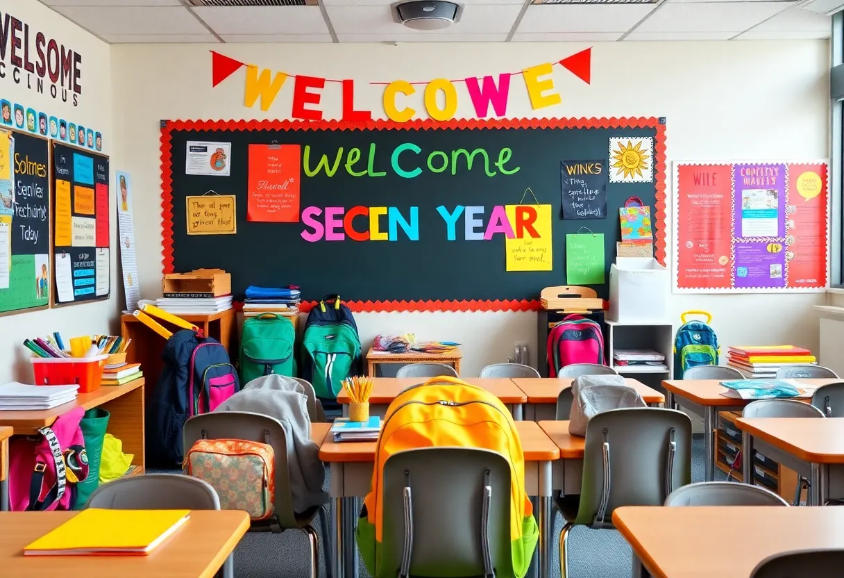 Bright classroom prepared for students with supplies