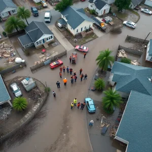 Rescue teams and volunteers working in a flood-affected area in Texas