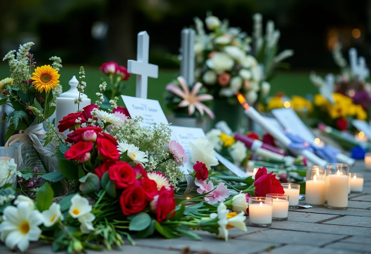 A serene setting for community mourning with flowers and candles.
