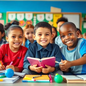 A diverse group of children actively learning in a school environment.