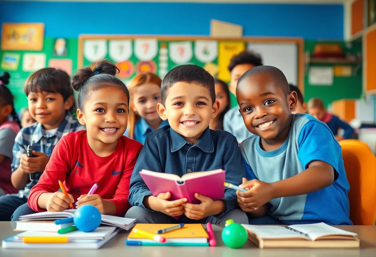 A diverse group of children actively learning in a school environment.