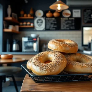 Interior of Crieve Hall Bagel Co. cafe in Inglewood with bagels and coffee