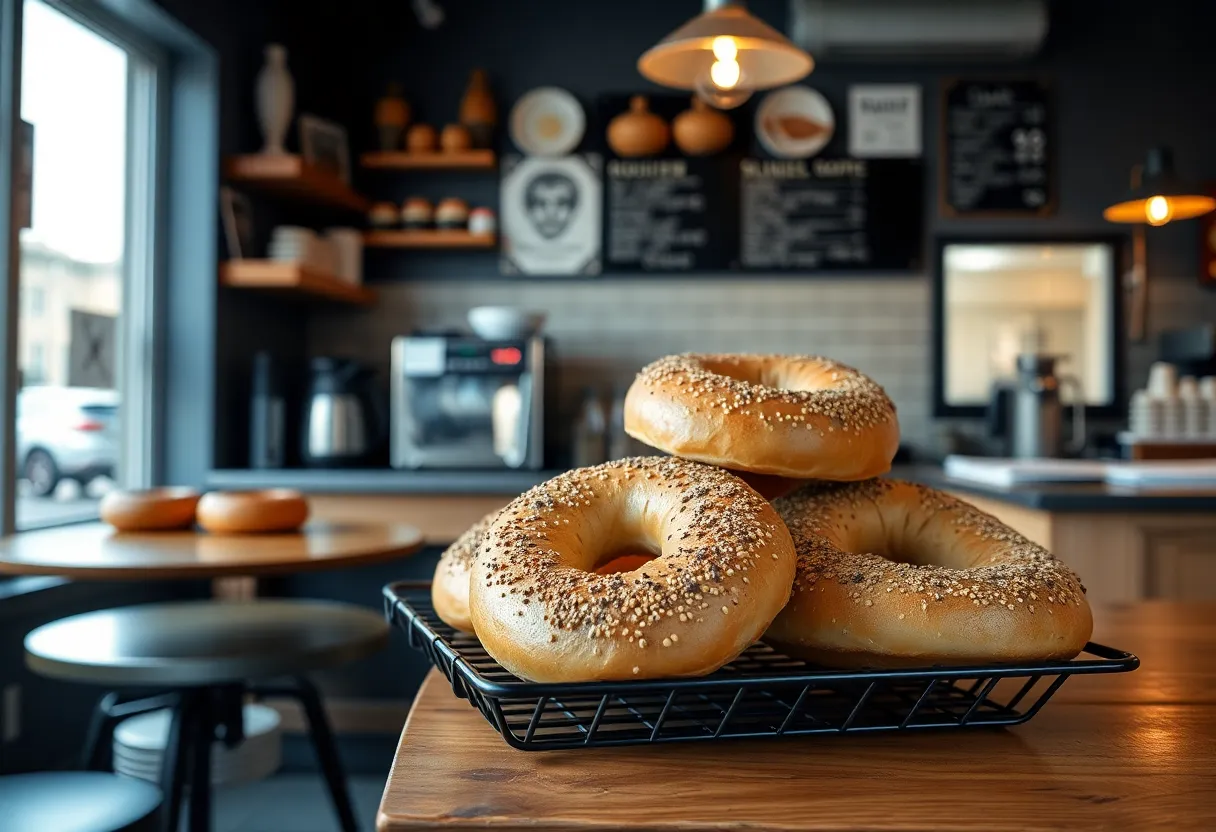 Interior of Crieve Hall Bagel Co. cafe in Inglewood with bagels and coffee