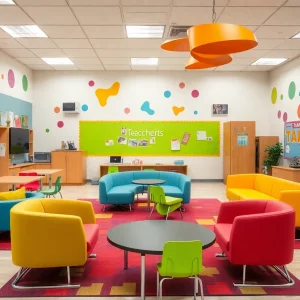 Colorful and modern teachers' lounge at Cumberland Elementary School post-renovation