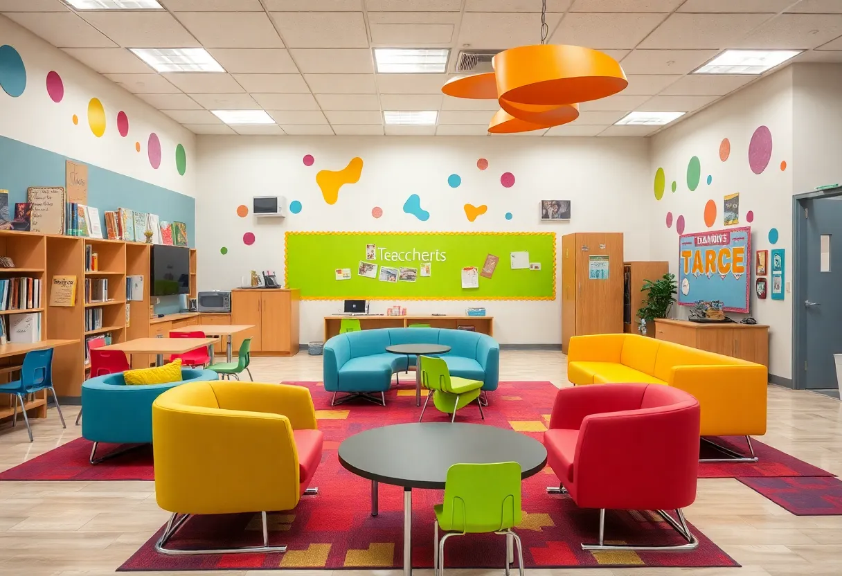 Colorful and modern teachers' lounge at Cumberland Elementary School post-renovation