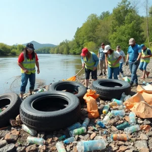 Volunteers cleaning the Cumberland River