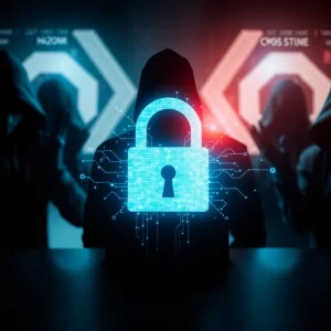 Conceptual image of cybersecurity threats with a digital lock and hacker shadows