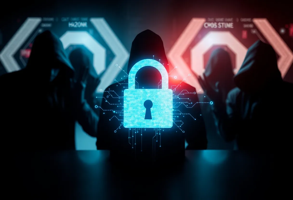 Conceptual image of cybersecurity threats with a digital lock and hacker shadows