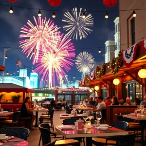 Diners enjoying outdoor meals with fireworks in the background in Nashville.
